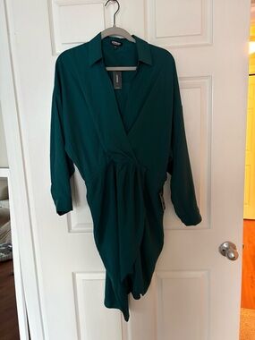 Express Teal Green Button-Front Collared Blouse Dress